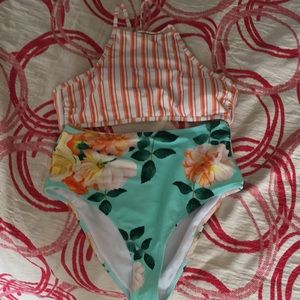 Bike Set- Floral High-waist Lace Up Swimwear